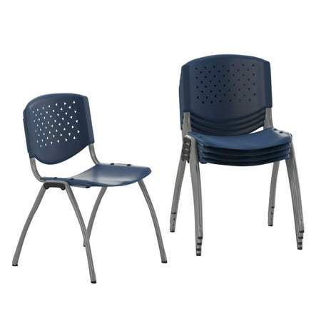 Flash Furniture Hercules Series Adult Plastic Stack Chairs with Titanium Frame, Set of 5, Navy