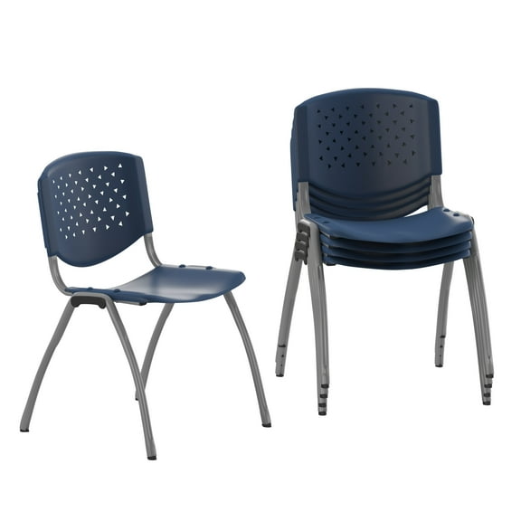 Flash Furniture Hercules Series Adult Plastic Stack Chairs with Titanium Frame, Set of 5, Navy