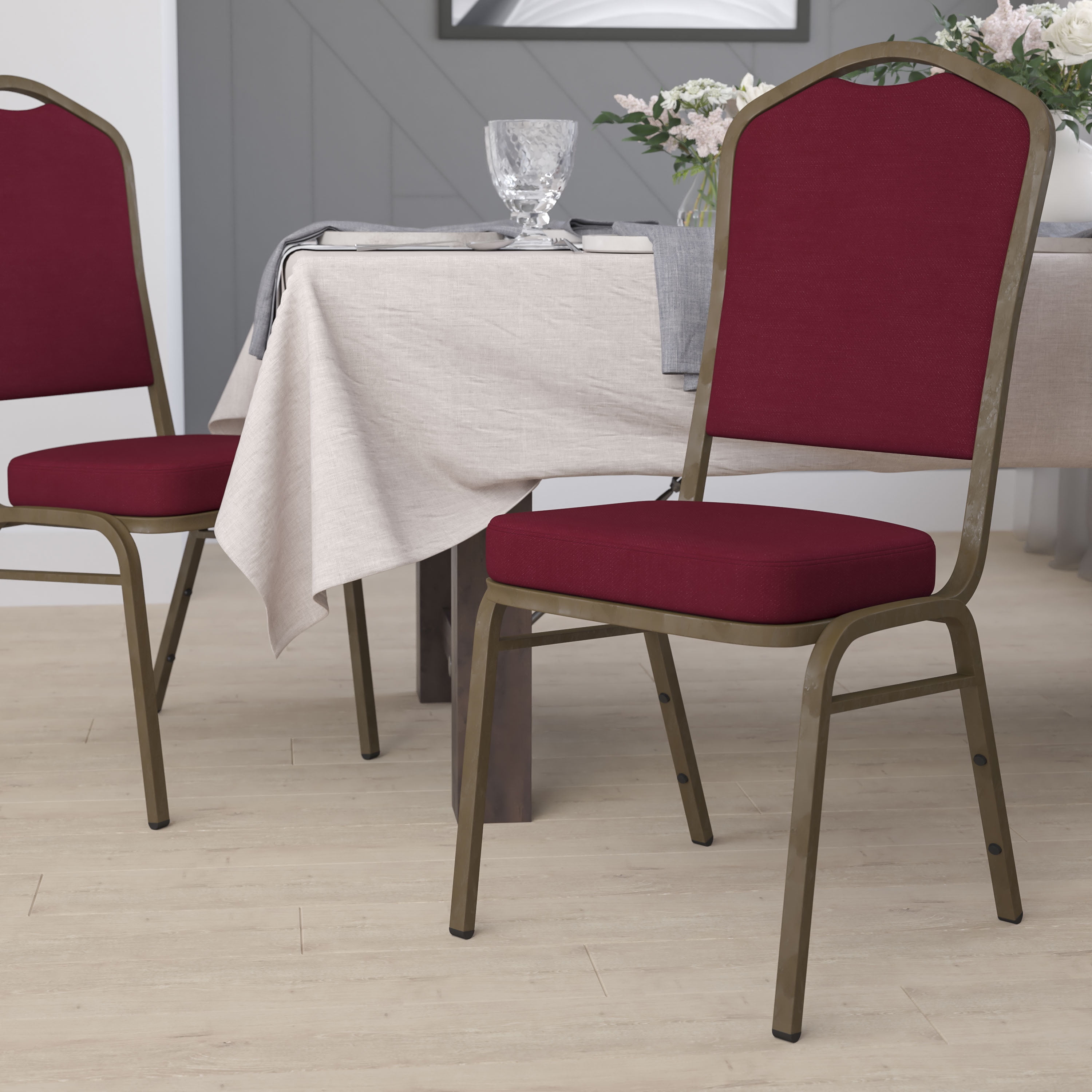 Elegant Burgundy Fabric Banquet Chair with Gold Vein Steel Frame