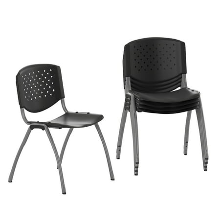 Flash Furniture Hercules Series Plastic Stack Chairs with Titanium Frame, Set of 5, Black
