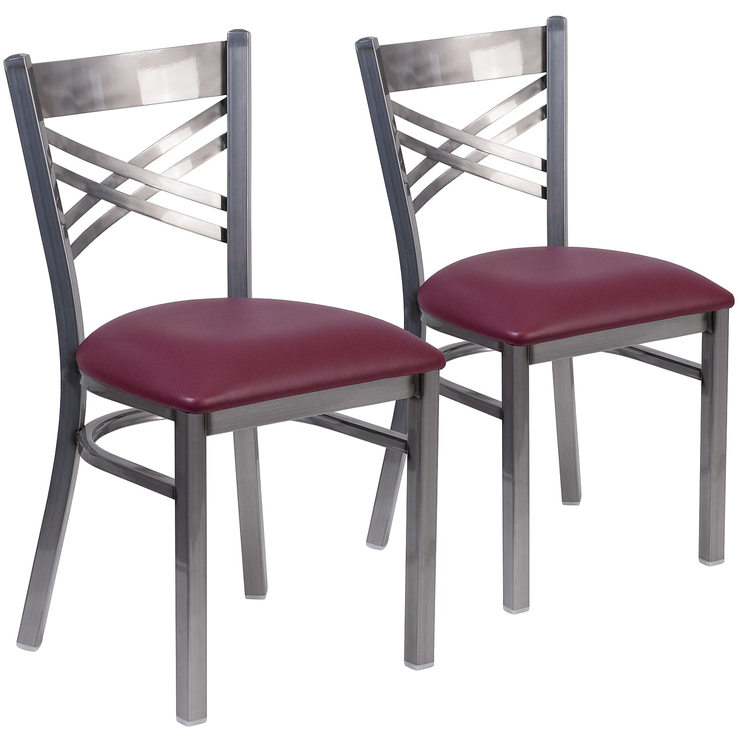Burgundy Vinyl Seat with Clear Coated Metal Frame Cross Back Dining Chairs