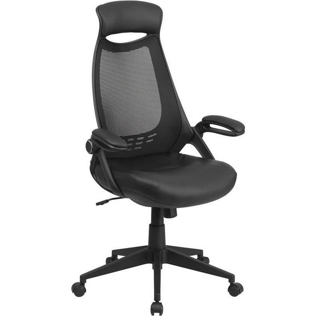 Flash Furniture High Back Black Mesh Executive Swivel Office Chair with Leather Padded Seat and Flip-Up Arms
