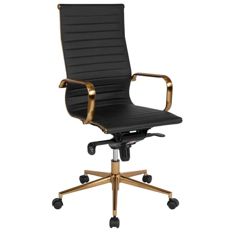 Flash Furniture High Back Black Ribbed LeatherSoft Executive Swivel Office Chair with Gold Frame Knee Tilt Control and Arms
