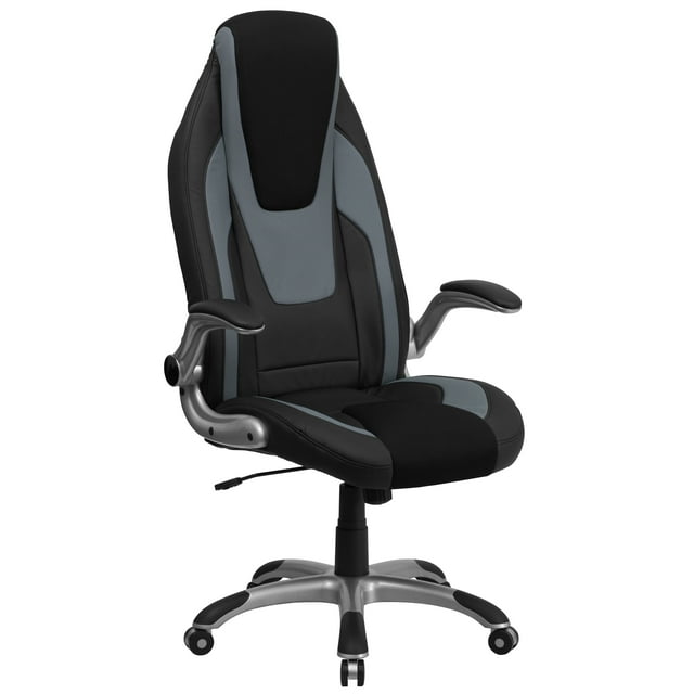 Flash Furniture High Back Black and Gray Vinyl Executive Swivel Ergonomic Office Chair with Black Mesh Insets and Flip-Up Arms