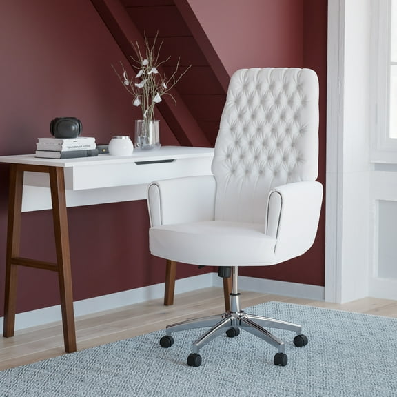 Flash Furniture High Back Traditional Tufted White LeatherSoft Executive Swivel Office Chair with Arms
