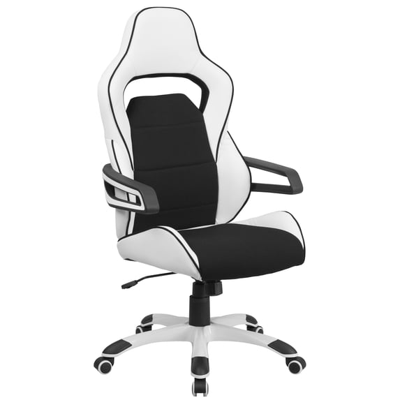 Flash Furniture High Back White Vinyl Executive Swivel Office Chair with Black Fabric Inserts and Arms