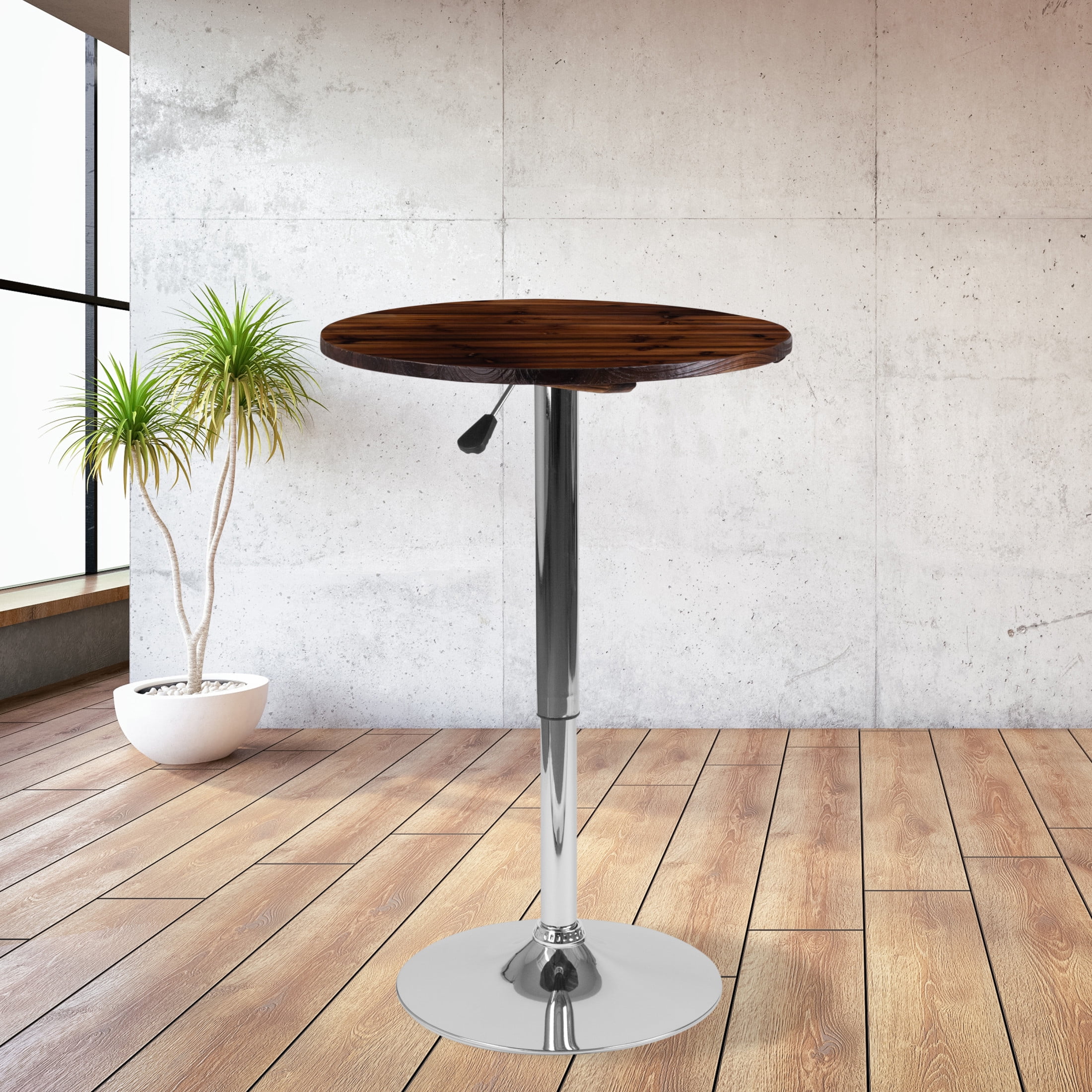 Rustic Pine Round Adjustable Height Wood and Chrome Table