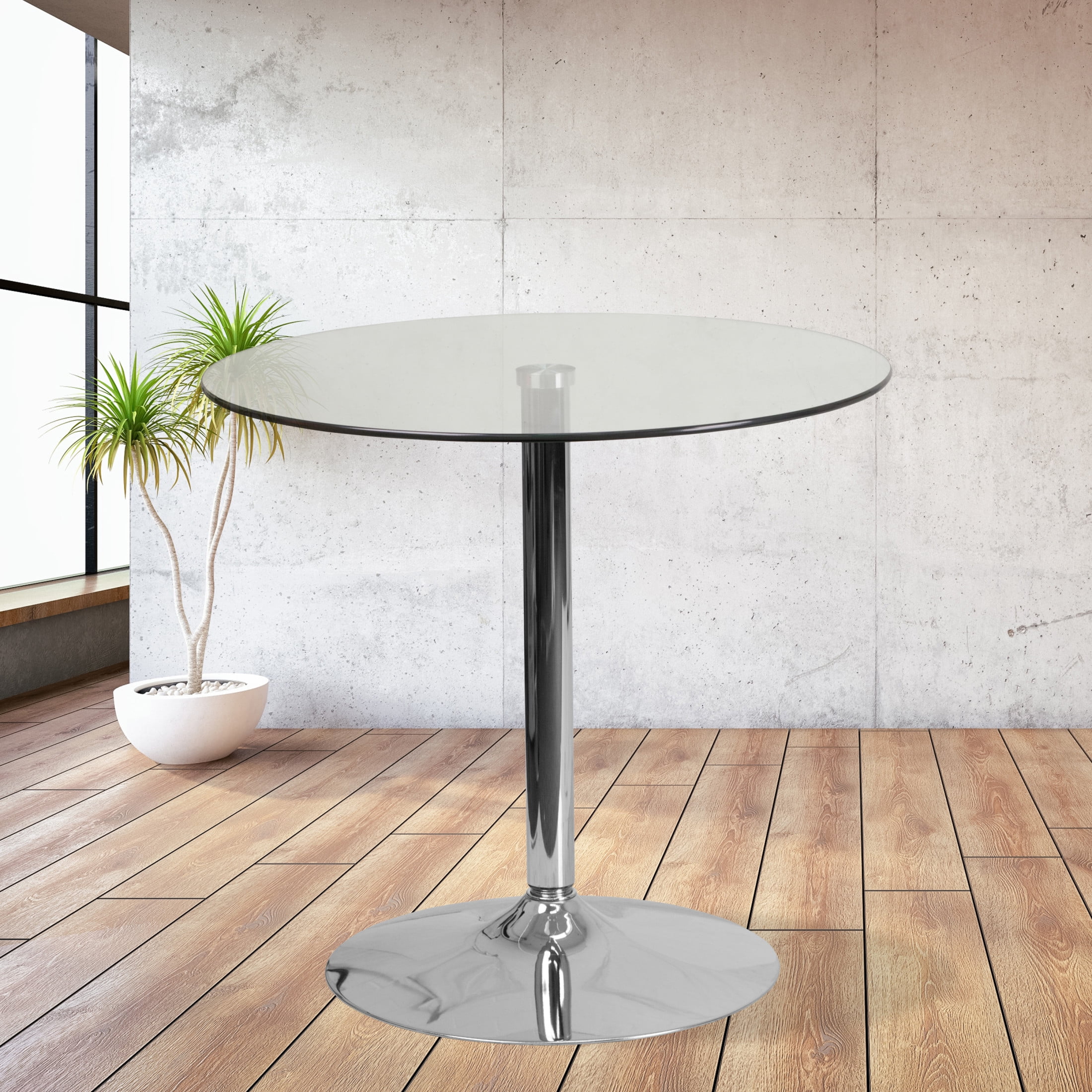 Round Clear Glass Dining Height Table with Chrome Base