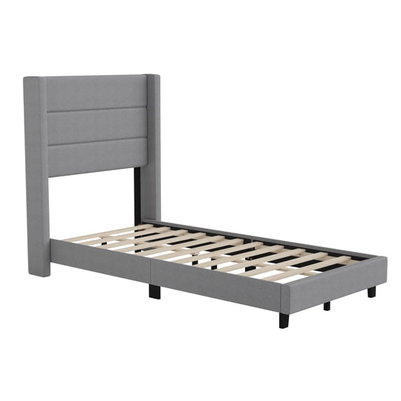 Flash Furniture Hollis Twin Upholstered Platform Bed with Wingback Headboard, Mattress Foundation with Slatted Supports, No Box Spring Needed, Gray Faux Linen