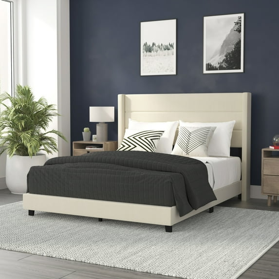 Flash Furniture Hollis Wingback Upholstered Platform Bed, Beige, Queen