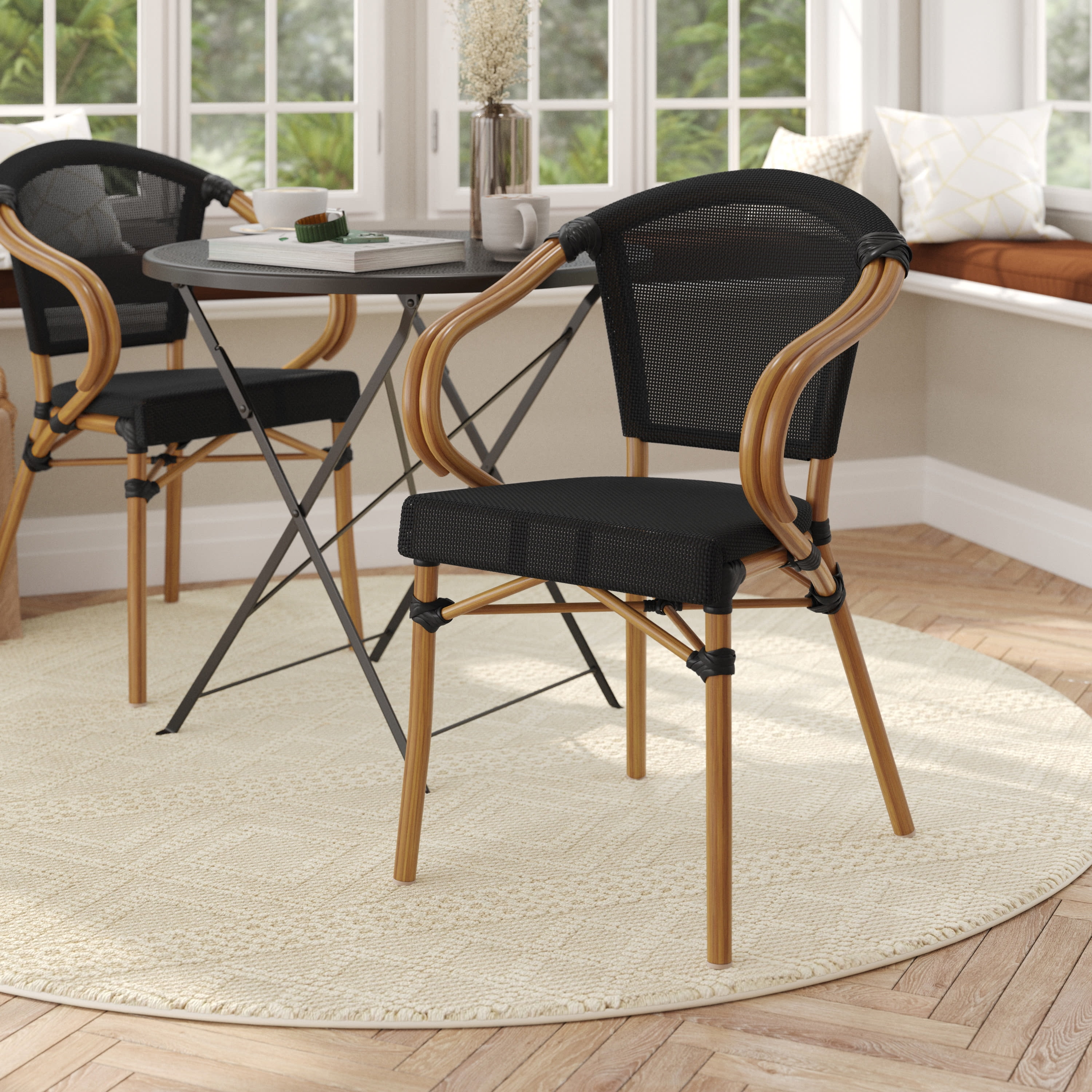 Black and Natural Bamboo Print Aluminum Outdoor Dining Chair with Arms