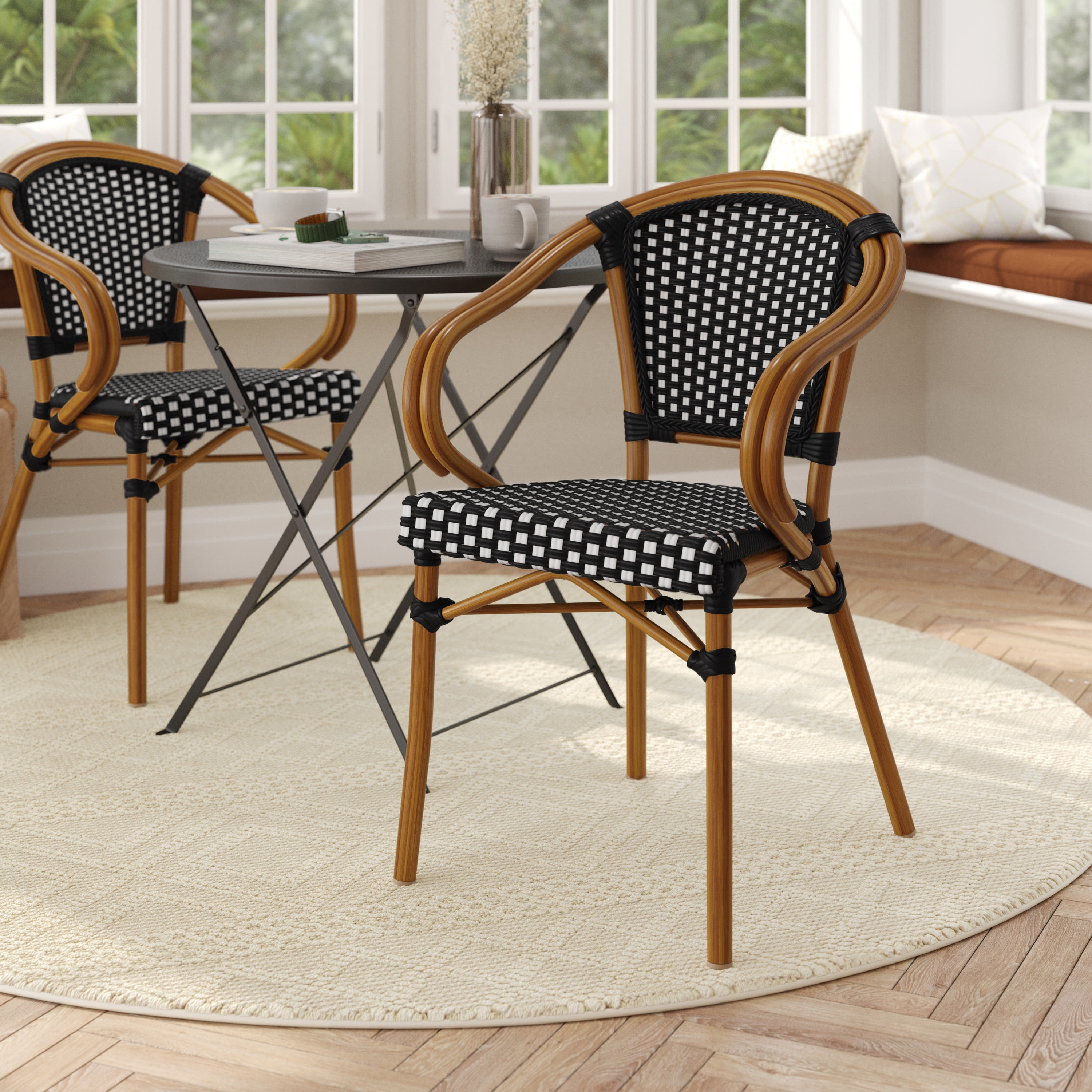 Black and White Wicker Rattan Bistro Dining Chair with Brown Metal Frame