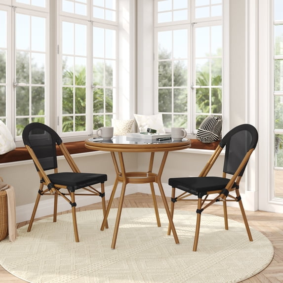 Flash Furniture Indoor/Outdoor Commercial French Bistro 31.5" Table, Black Textilene, Glass Top with 2 Stack Chairs - Natural Frame