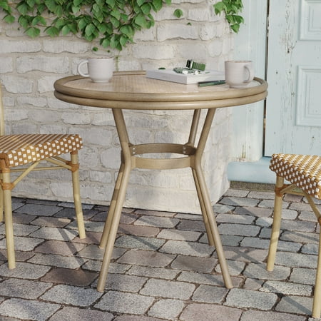 Flash Furniture Indoor/Outdoor Commercial French Bistro 31.5" Table, Natural/White PE Rattan, Glass Top, Bamboo Print Aluminum Frame in Light Natural
