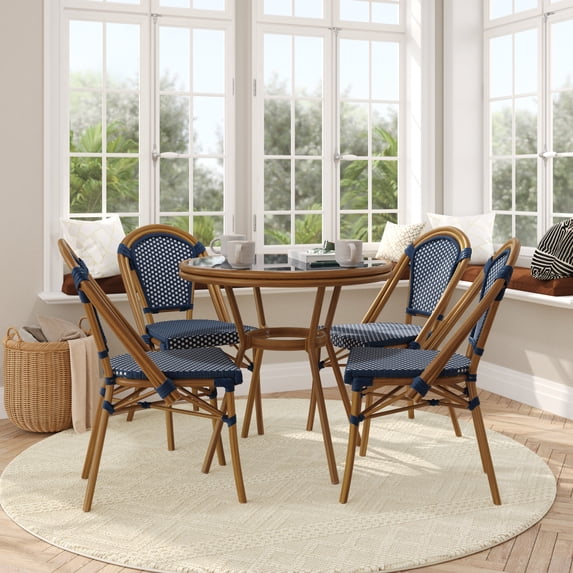 Flash Furniture Indoor/Outdoor Commercial French Bistro 31.5" Table, Navy and White PE Rattan, Glass Top with 4 Stack Chairs - Natural Frame