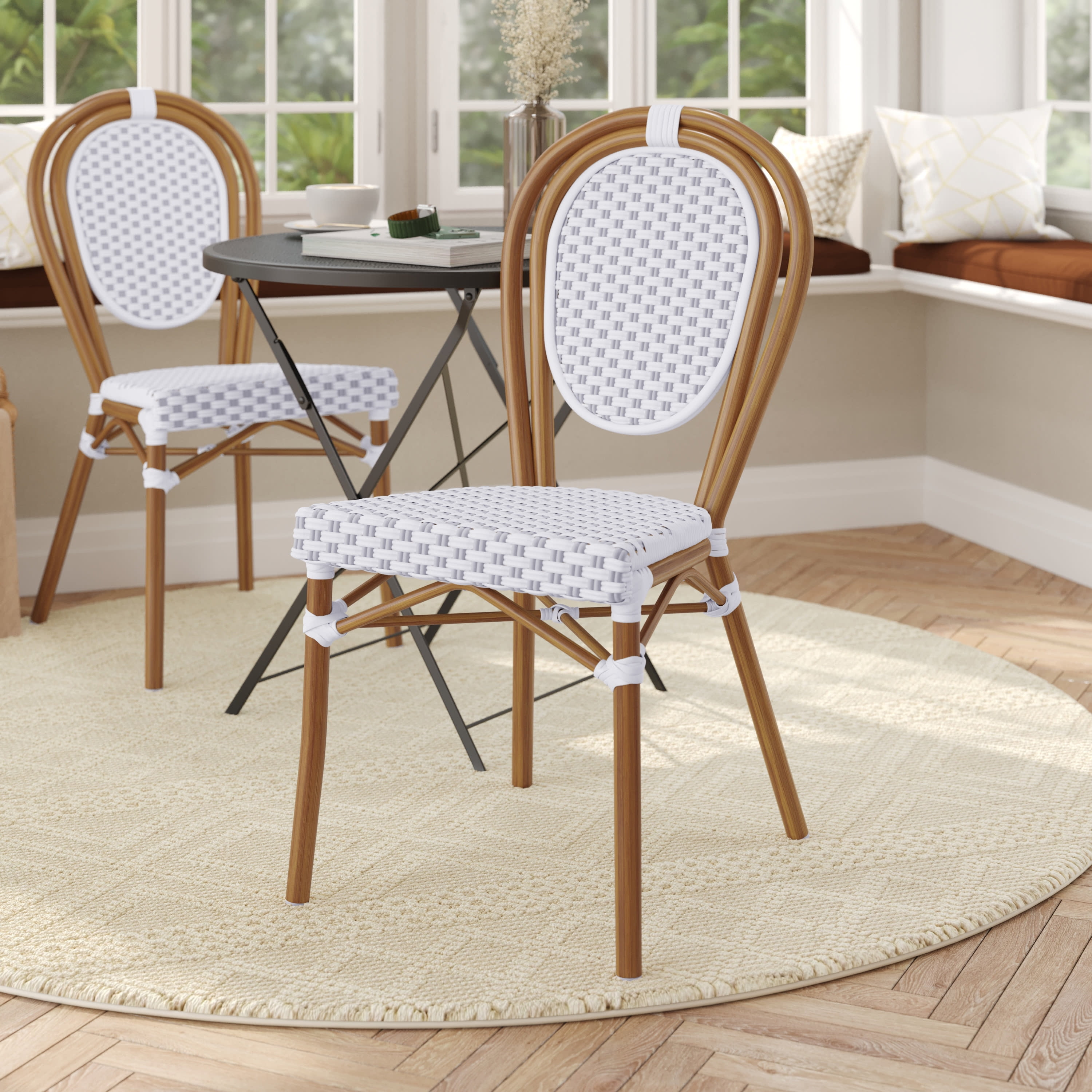 White and Gray Wicker Rattan Bistro Chair with Natural Aluminum Frame