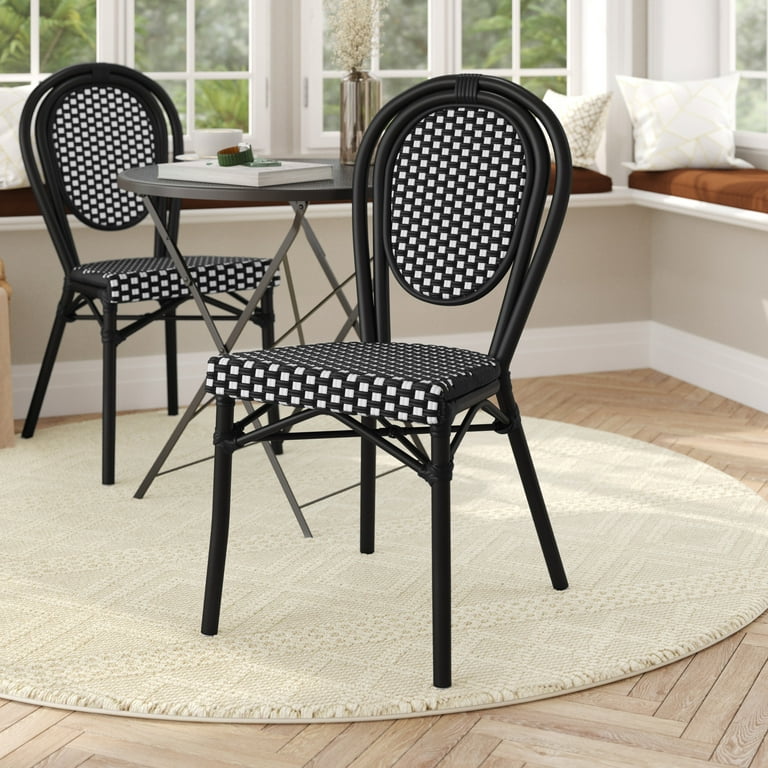 Flash Furniture Indoor Outdoor Commercial Thonet Bistro Stacking Chair Black and White PE Rattan and Black Aluminum Frame Walmart