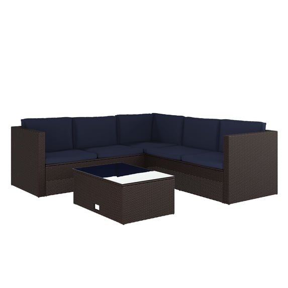 Flash Furniture Indoor/Outdoor L-Shaped Sectional with Coffee Table in Brown Wicker PE Rattan with Navy Cushions