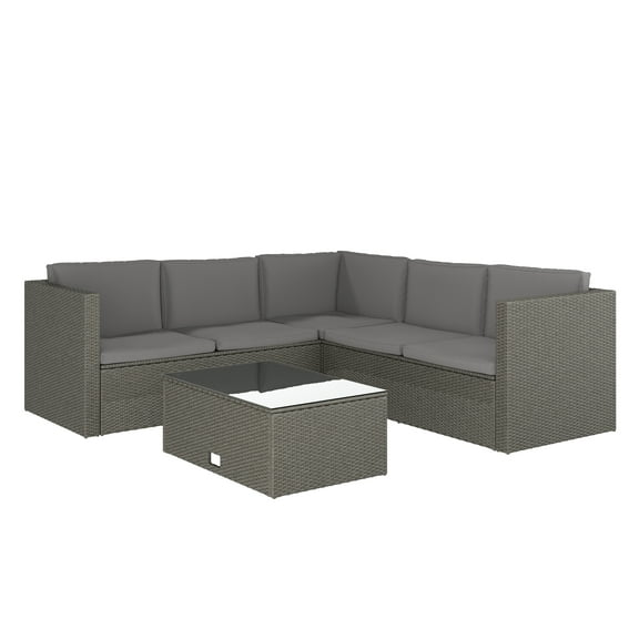 Flash Furniture Indoor/Outdoor L-Shaped Sectional with Coffee Table in Gray Wicker PE Rattan with Gray Cushions