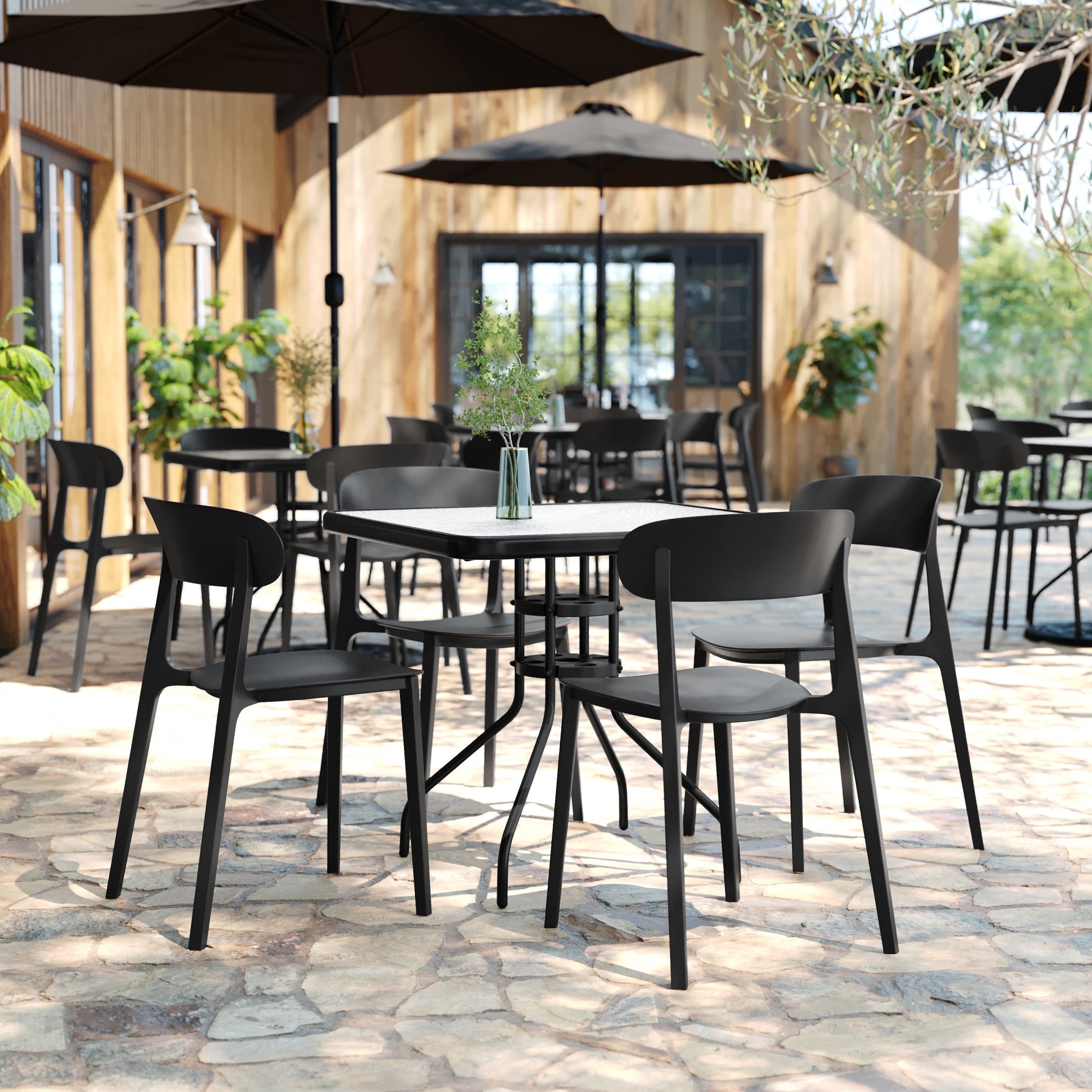 Flash Furniture Indoor-Outdoor Stacking Patio Chair with Curved Backrest, Commercial All-Weather Resin Chair in Black