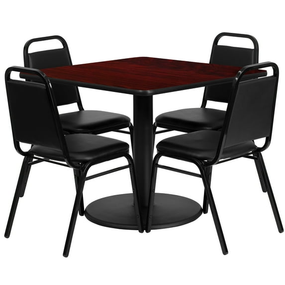 Flash Furniture Jamie 36'' Square Mahogany Laminate Table Set with Round Base and 4 Black Trapezoidal Back Banquet Chairs