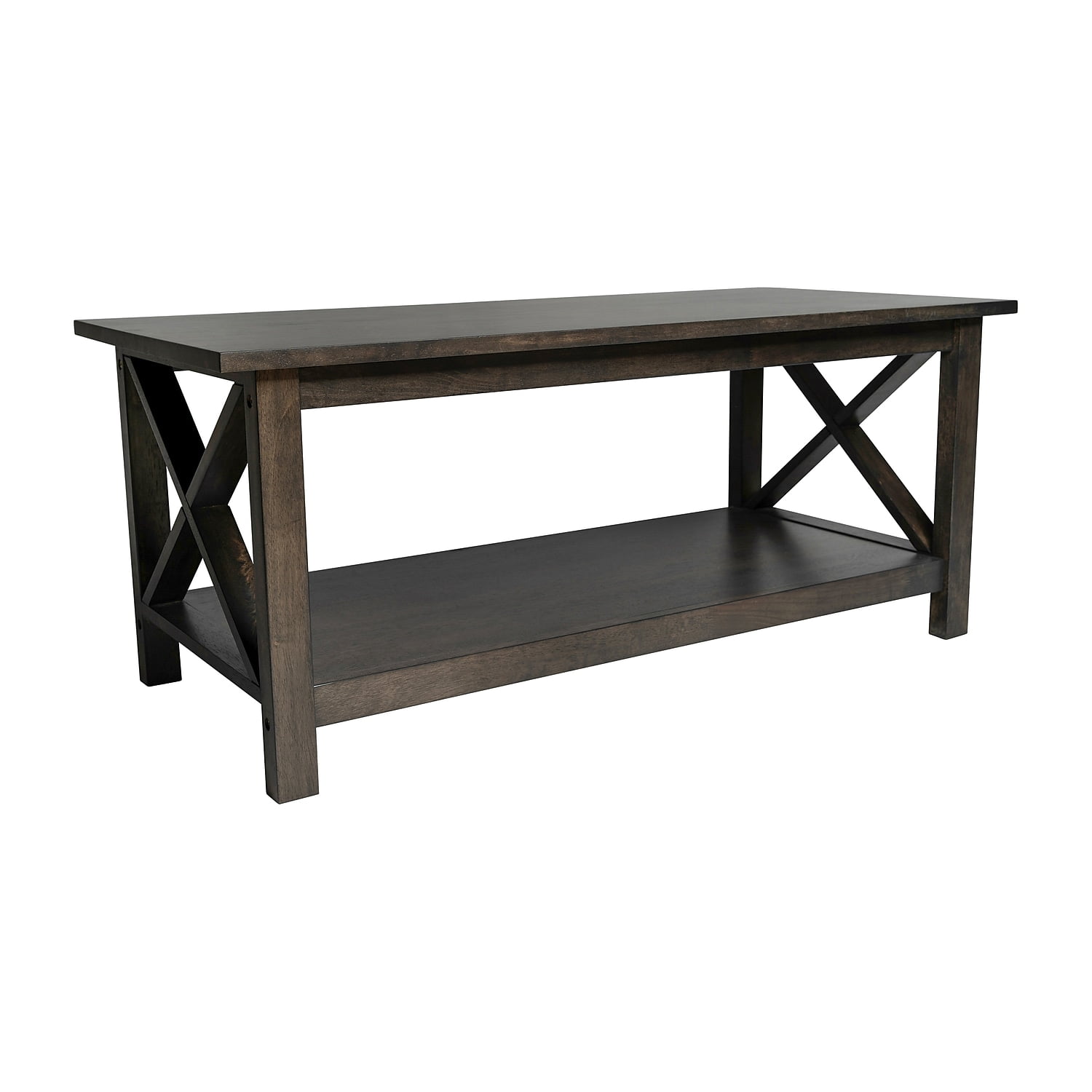 Dark Gray Solid Wood Farmhouse Coffee Table with Lower Shelf