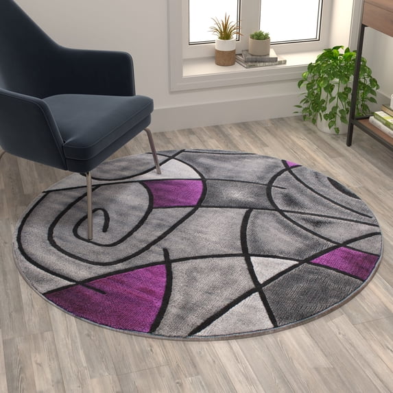 Flash Furniture Jubilee Round Contemporary Black, Grey, Purple Area Rug, 5' x 5'