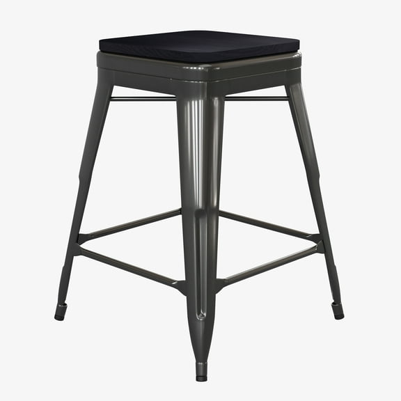 Flash Furniture Kai Commercial Grade 24" High Backless Black Metal Indoor-Outdoor Counter Height Stool with Black Poly Resin Wood Seat
