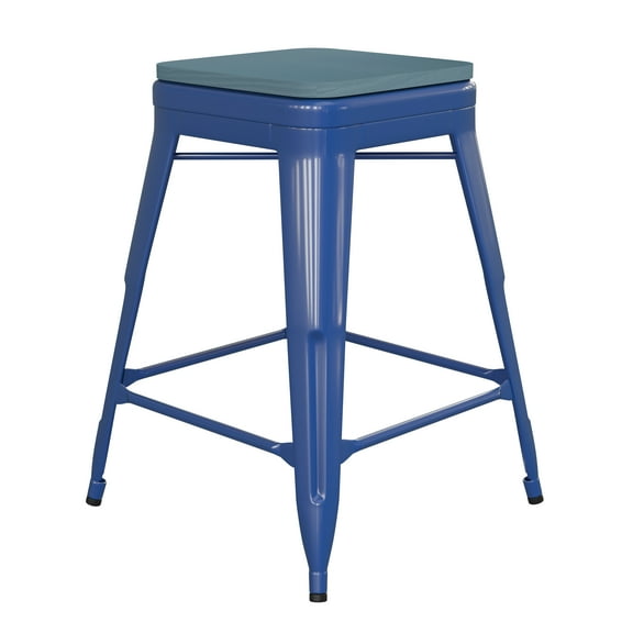Flash Furniture Kai Commercial Grade 24" High Backless Blue Metal Indoor-Outdoor Counter Height Stool with Teal-Blue Poly Resin Wood Seat