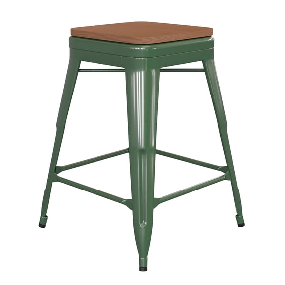 Flash Furniture Kai Commercial Grade 24" High Backless Green Metal Indoor-Outdoor Counter Height Stool with Teak Poly Resin Wood Seat