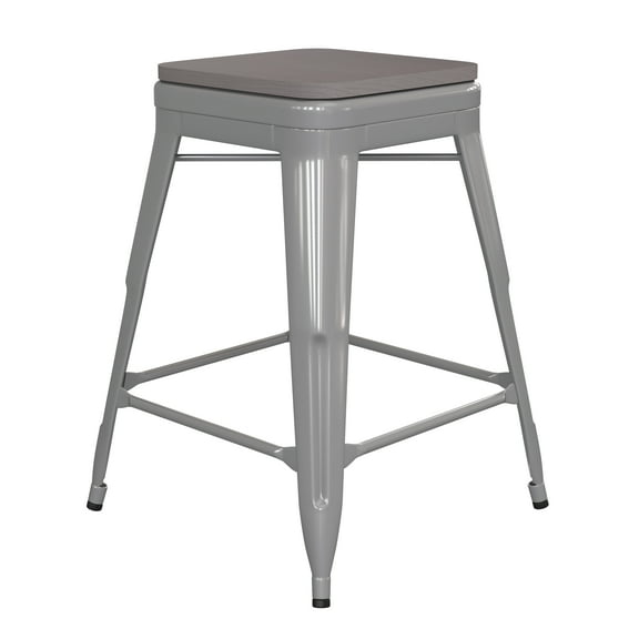 Flash Furniture Kai Commercial Grade 24" High Backless Silver Metal Indoor-Outdoor Counter Height Stool with Gray Poly Resin Wood Seat