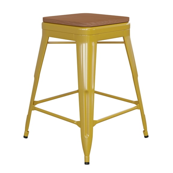 Flash Furniture Kai Commercial Grade 24" High Backless Yellow Metal Indoor-Outdoor Counter Height Stool with Teak Poly Resin Wood Seat