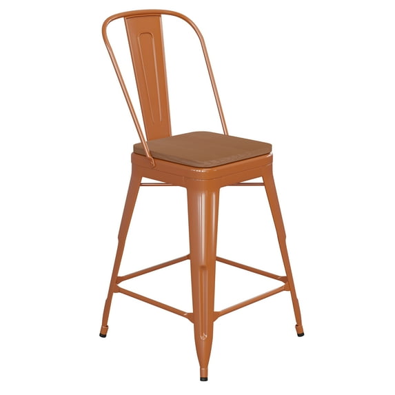 Flash Furniture Kai Commercial Grade 24" High Orange Metal Indoor-Outdoor Counter Height Stool with Removable Back and Teak All-Weather Poly Resin Seat
