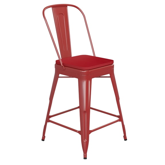 Flash Furniture Kai Commercial Grade 24" High Red Metal Indoor-Outdoor Counter Height Stool with Removable Back and Red All-Weather Poly Resin Seat