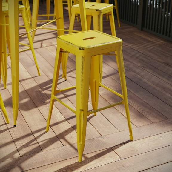 Flash Furniture Kai Commercial Grade 30" High Backless Distressed Yellow Metal Indoor-Outdoor Barstool
