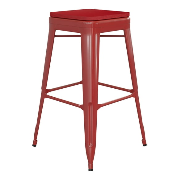 Flash Furniture Kai Commercial Grade 30" High Backless Red Metal Indoor-Outdoor Barstool with Red Poly Resin Wood Seat