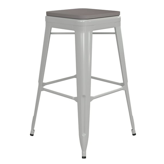Flash Furniture Kai Commercial Grade 30" High Backless White Metal Indoor-Outdoor Barstool with Gray Poly Resin Wood Seat