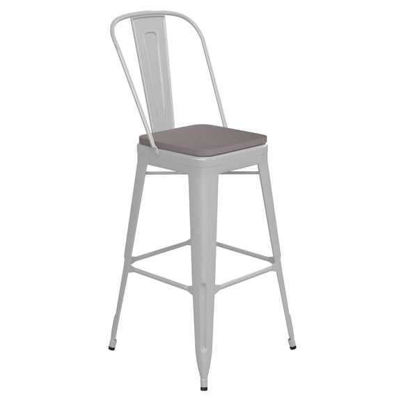 Flash Furniture Kai Commercial Grade 30" High White Metal Indoor-Outdoor Bar Height Stool with Removable Back and Gray All-Weather Poly Resin Seat