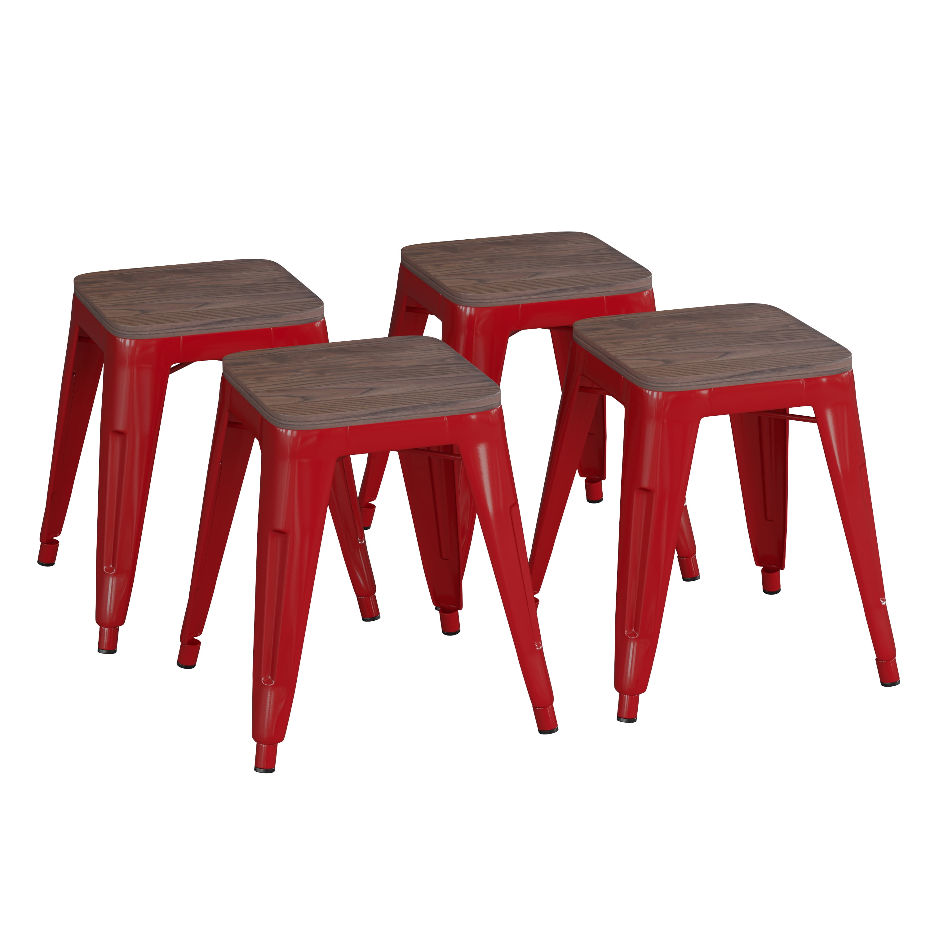Red 18" Backless Metal Dining Stools with Wooden Seats, Set of 4