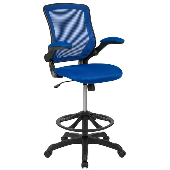 Flash Furniture Kale Mid-Back Blue Mesh Ergonomic Drafting Chair with Adjustable Foot Ring and Flip-Up Arms