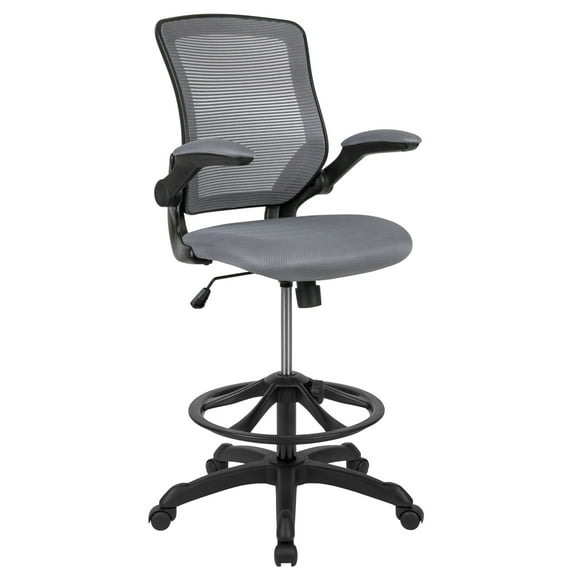 Flash Furniture Kale Mid-Back Dark Gray Mesh Ergonomic Drafting Chair with Adjustable Foot Ring and Flip-Up Arms