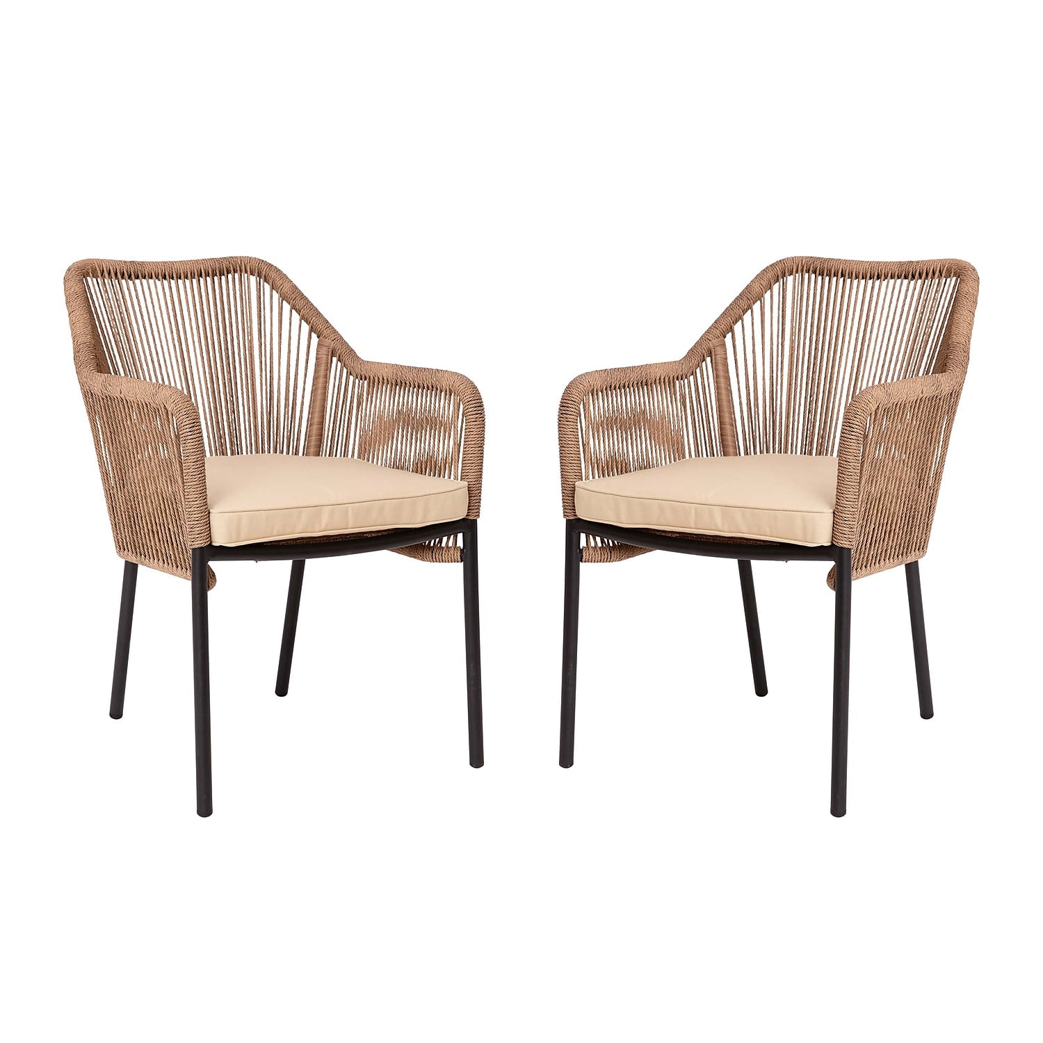 Natural Woven Patio Club Chairs with Beige Cushions, Set of 2