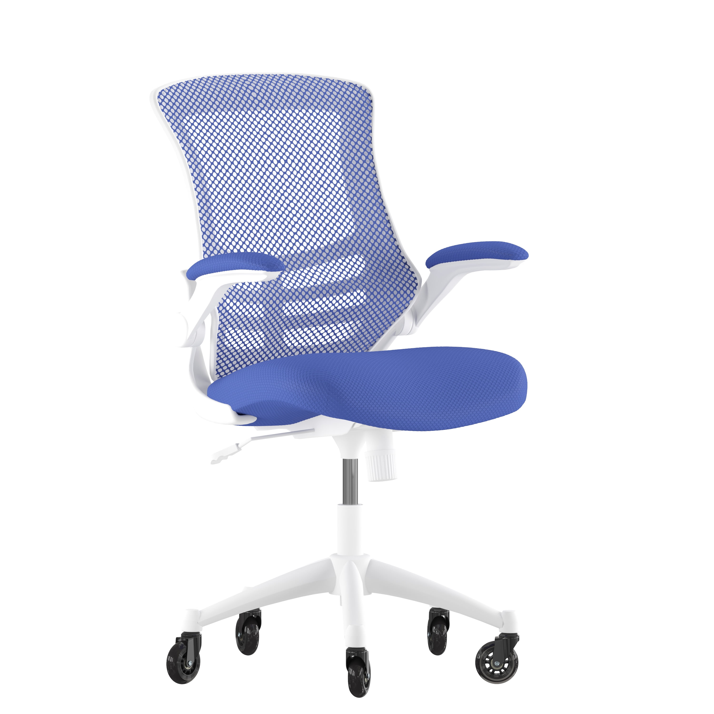 Blue Mesh Mid-Back Ergonomic Task Chair with White Frame and Flip-Up Arms