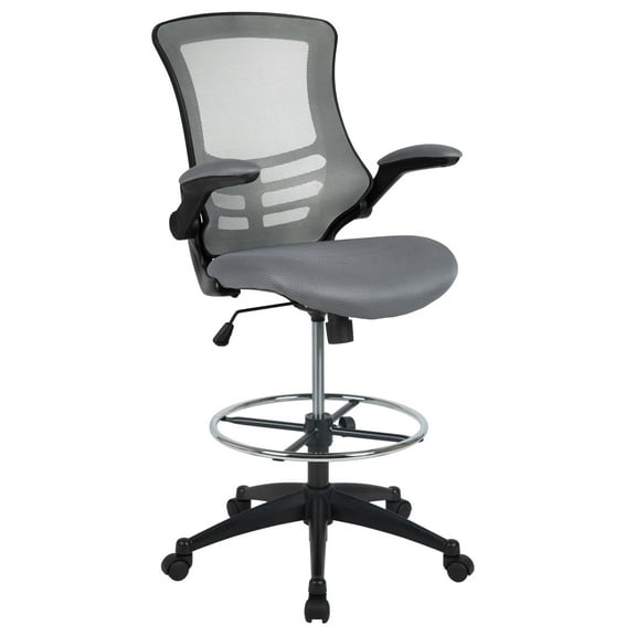 Flash Furniture Kelista Mid-Back Dark Gray Mesh Ergonomic Drafting Chair with Adjustable Foot Ring and Flip-Up Arms