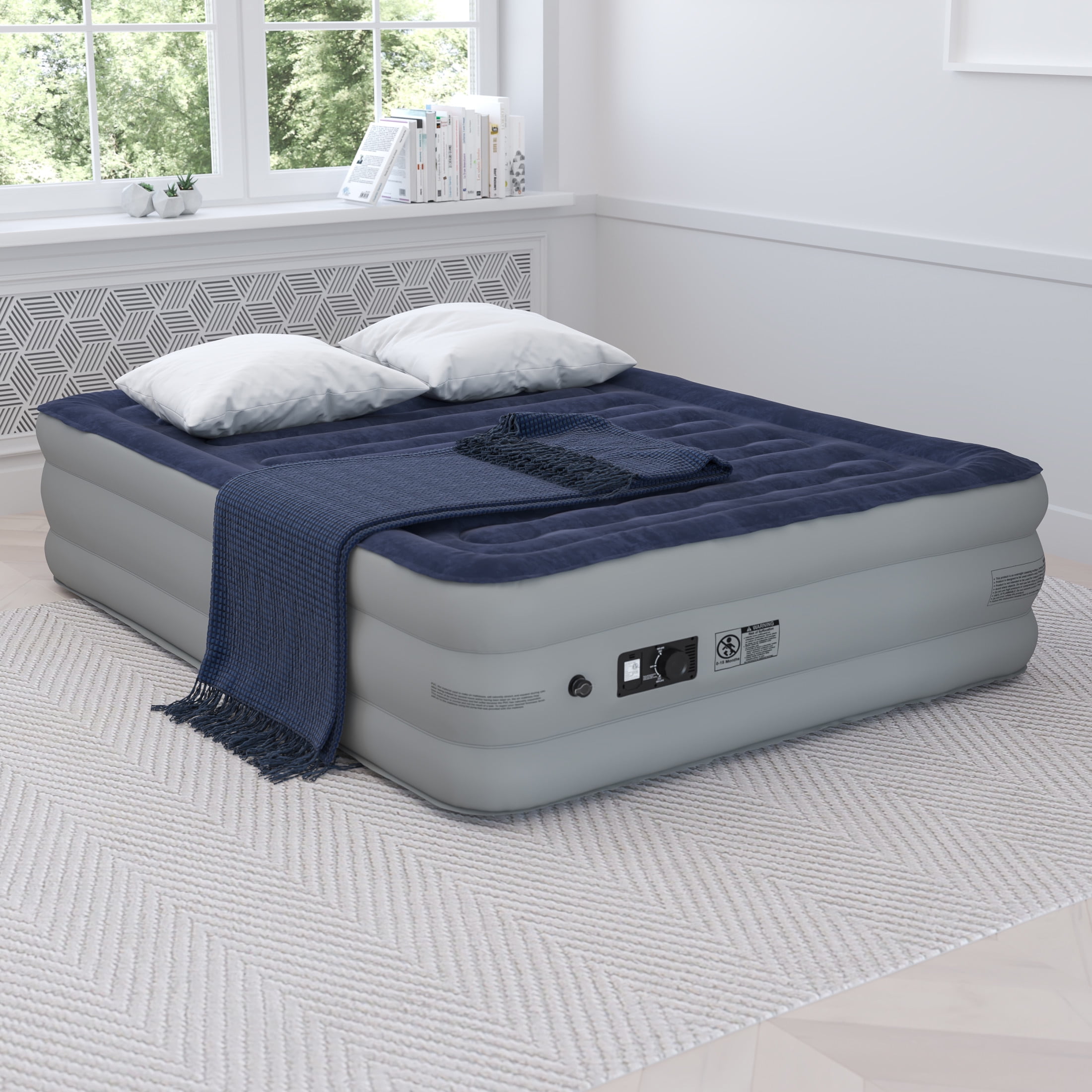 Queen Size Navy and Gray Raised Air Mattress with Built-in Pump