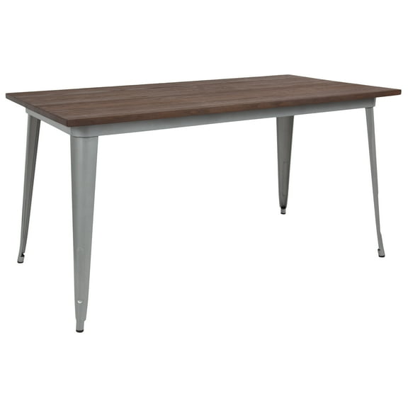 Flash Furniture Kenneth 30.25" x 60" Rectangular Silver Metal Indoor Table with Walnut Rustic Wood Top