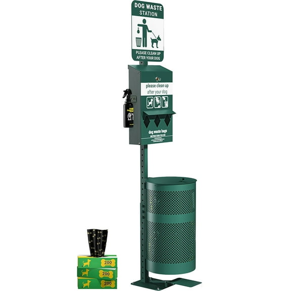 Flash Furniture Pet Waste Station with Pedal Trash Can, Glow in the Dark Sign, Roll Bag Dispenser, Hand Sanitizer Bottle with 600 Waste Bags and 50 Can Liners