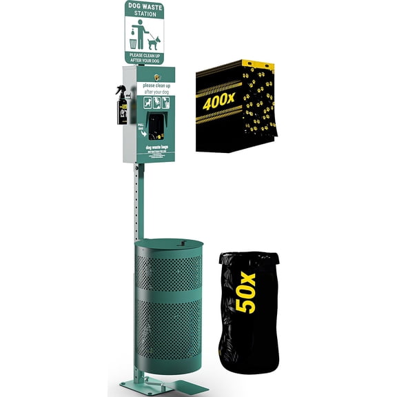 Flash Furniture Kessler Pet Waste Station with Pedal Trash Can, Glow in the Dark Sign, Pull-Out Bag Dispenser, Hand Sanitizer Bottle, 400 Waste Bags and 50 Can Liners