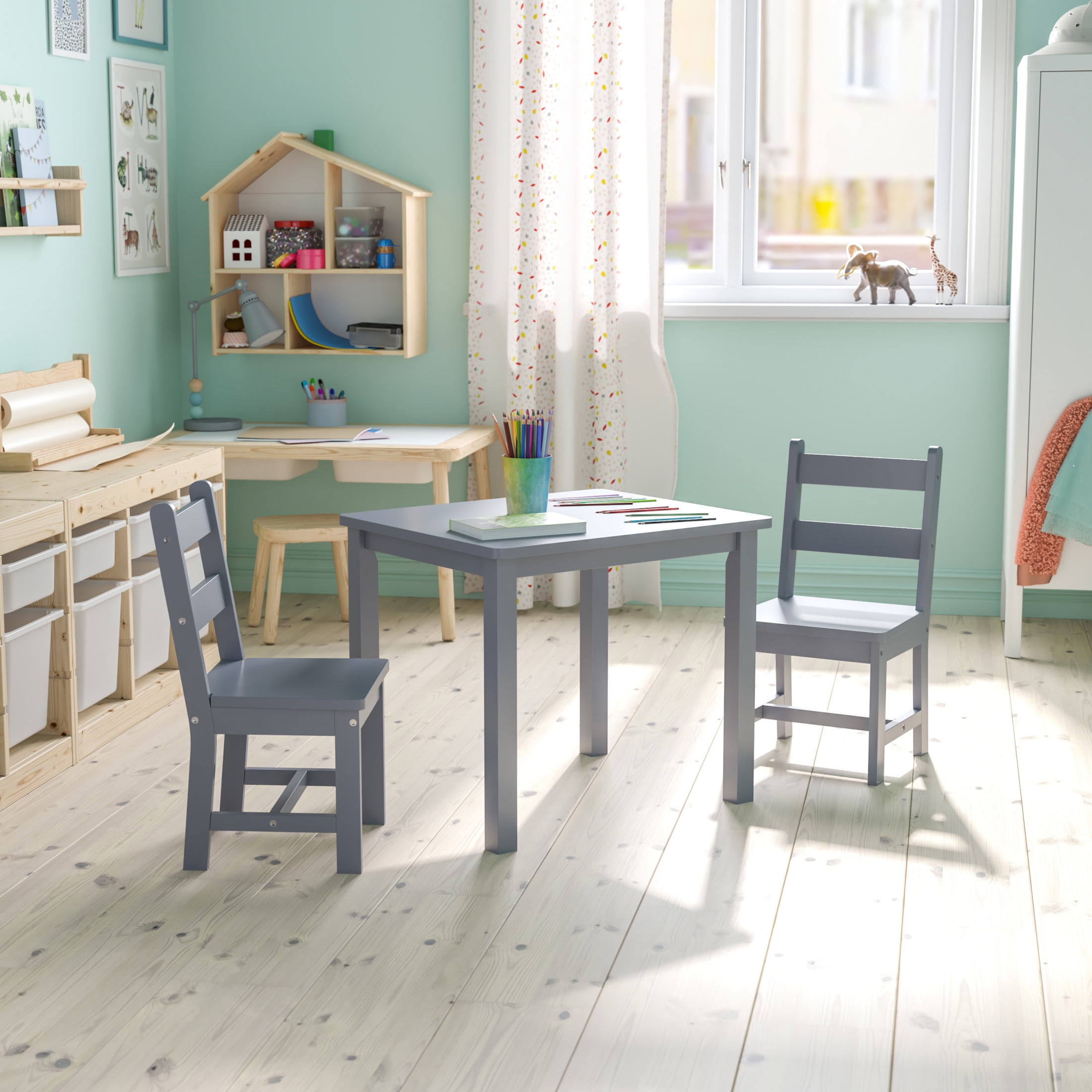 Gray Solid Wood Kids Table and Chair Set for Playroom, Bedroom