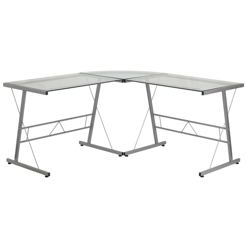 Sleek Silver Metal Frame L-Shaped Corner Desk with Clear Glass Top
